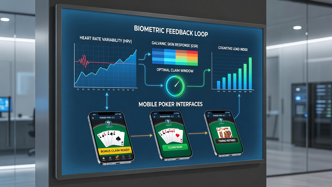 Close-up of poker player using mobile device with overlaid biometric feedback visualization