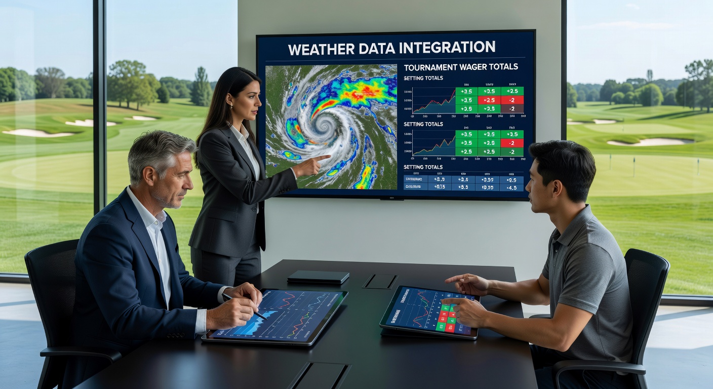Weather monitoring stations positioned across a golf course fairway during tournament setup