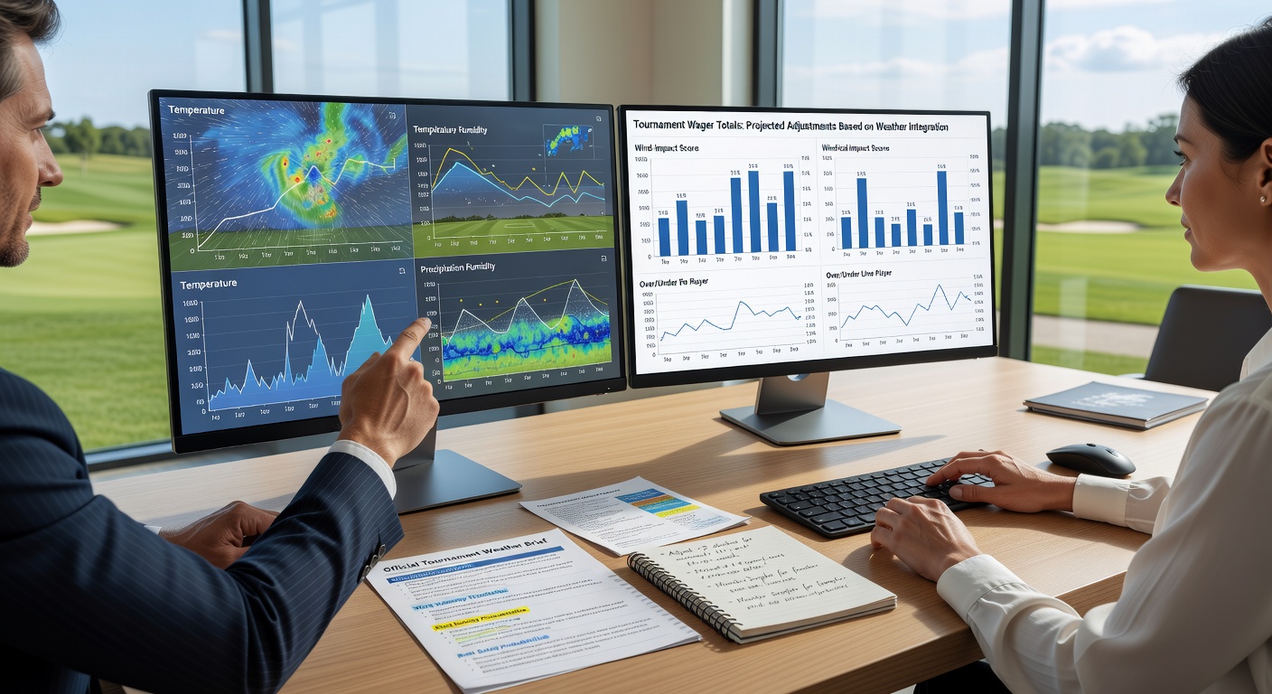 Analyst reviewing multi-day forecast overlays on a digital golf course map