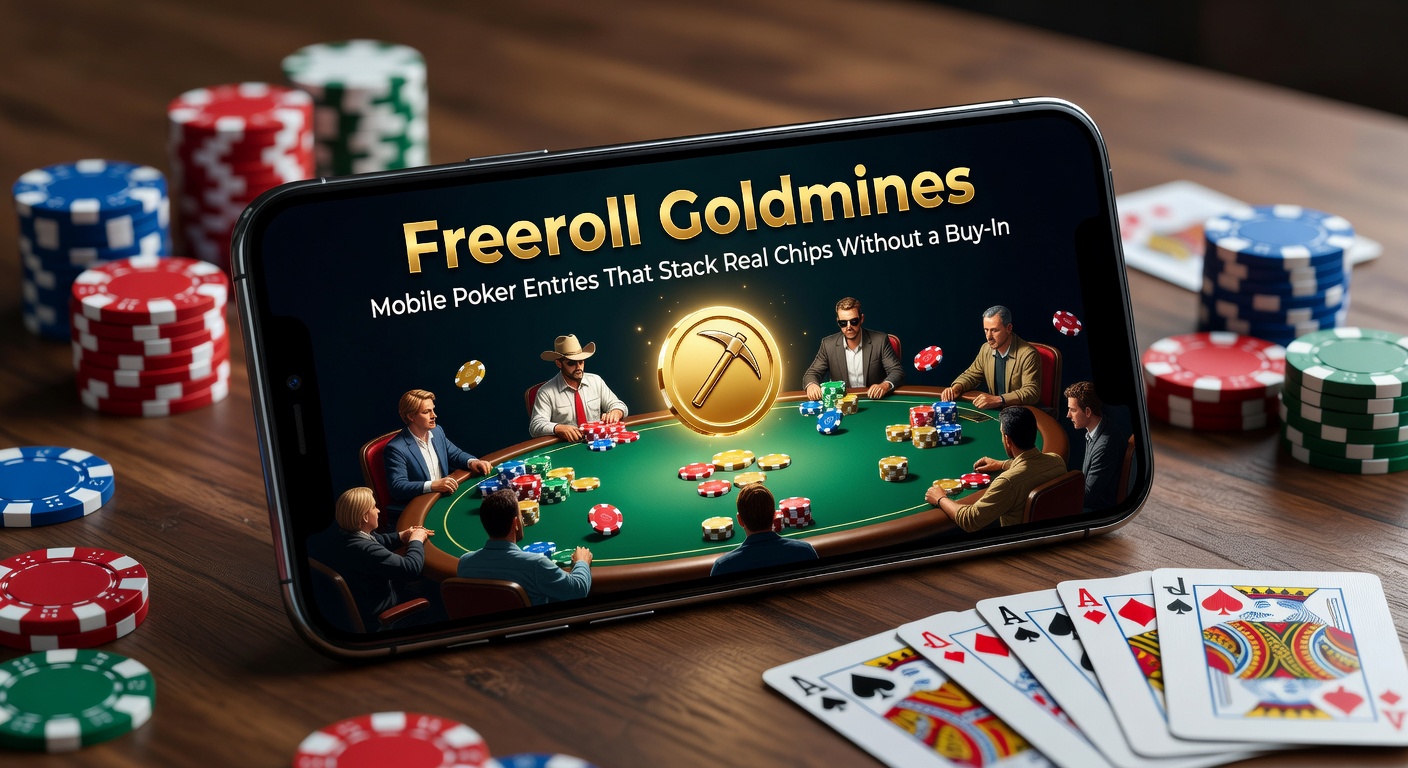 Mobile poker app displaying a freeroll tournament lobby with no buy-in entry and real cash prizes highlighted