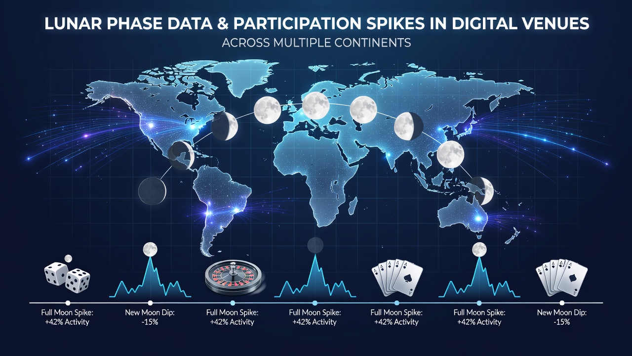 Global map overlay showing lunar phase correlations with digital venue activity spikes across continents