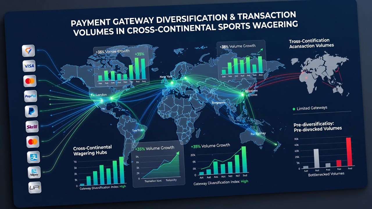 Cross-continental transaction flow diagram illustrating diversified payment gateways connecting sports wagering networks