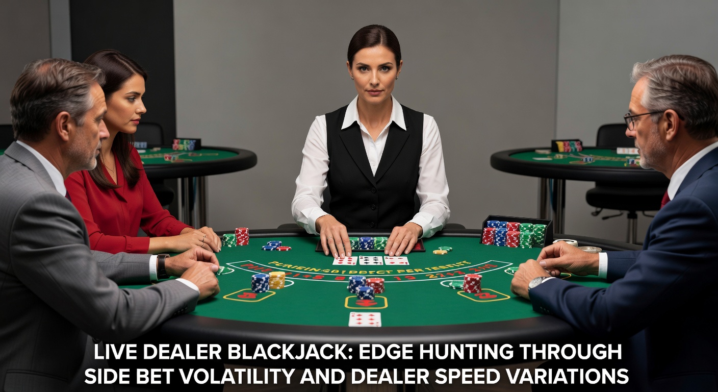 Close-up of a fast-dealing blackjack hand with side bet results flashing, volatility charts overlayed for analysis