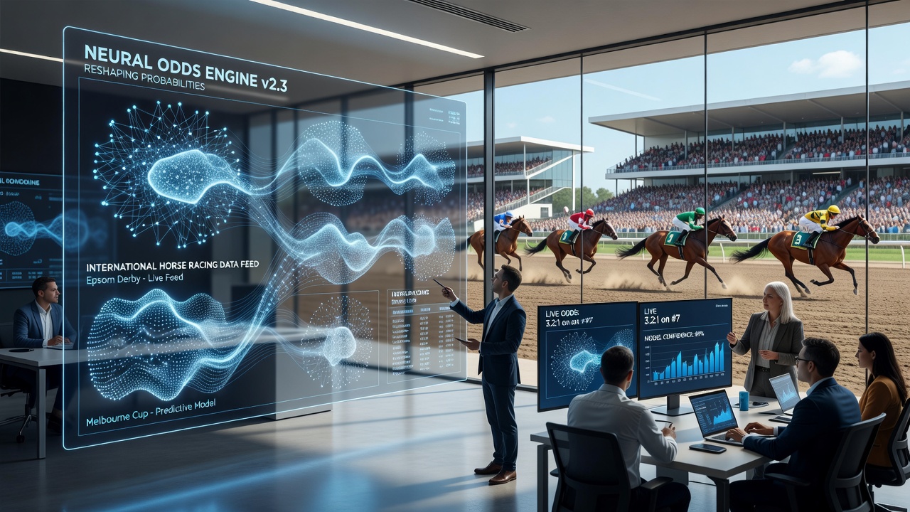 International horse racing track with overlaid data analytics graphics