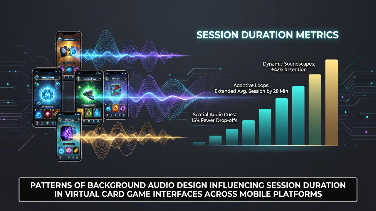 Mobile device screen showing a virtual card game interface with subtle background audio waveform indicators