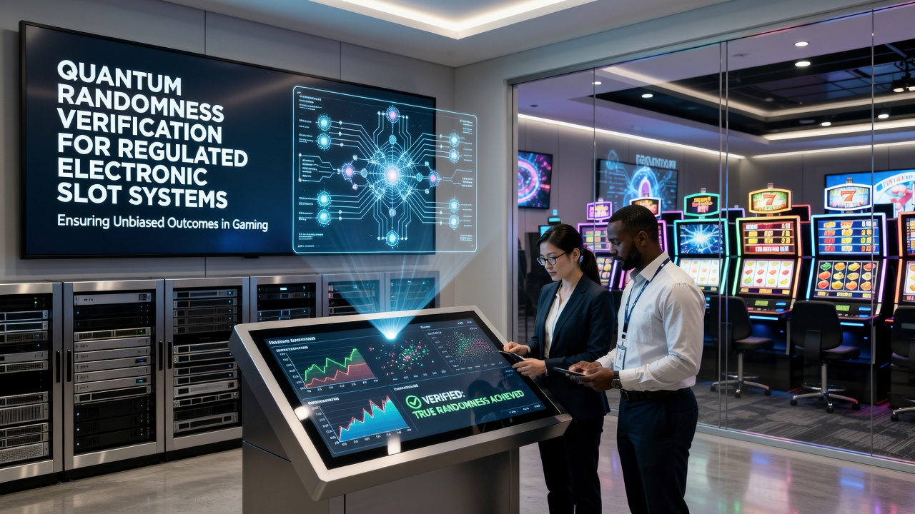 Laboratory technicians analyzing quantum-generated randomness data alongside slot machine outputs
