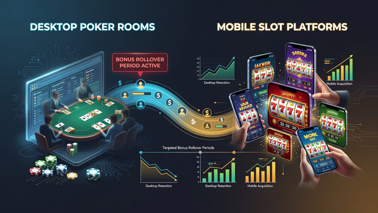 Player activity shifting from desktop poker interfaces to mobile slot applications during bonus rollover windows