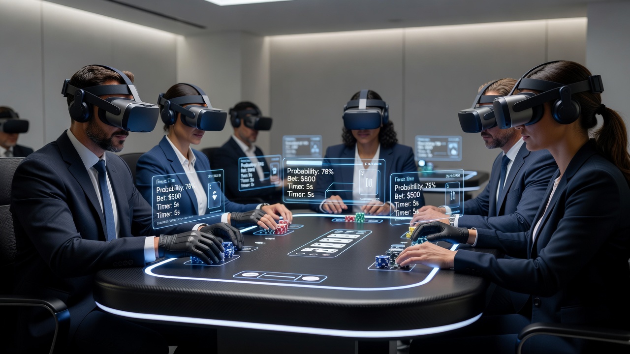 VR headset user engaged in a digital poker table game environment